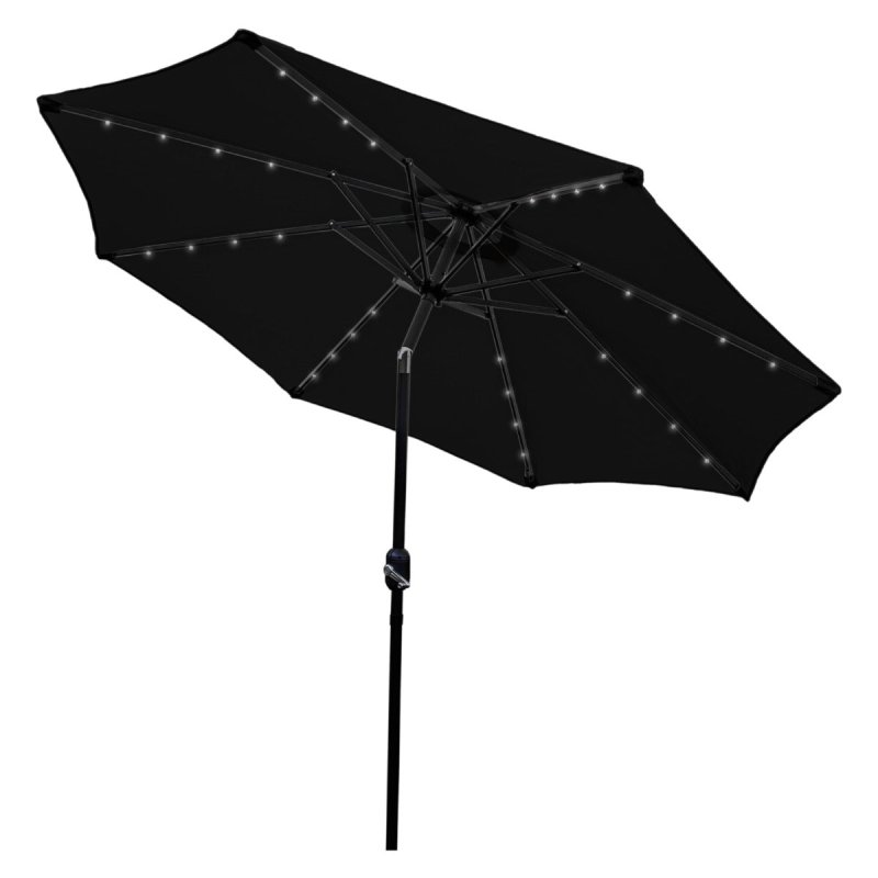 Black 2.4m LED Tilt Parasol Umbrella Garden Sun Shade Canopy Patio Outdoor 360 Rotation UV Protection Winding Crank Adjustable 32 Solar Power Lights Cool White 8 Ribs 5.5kg FREE Waterproof Rain Cover