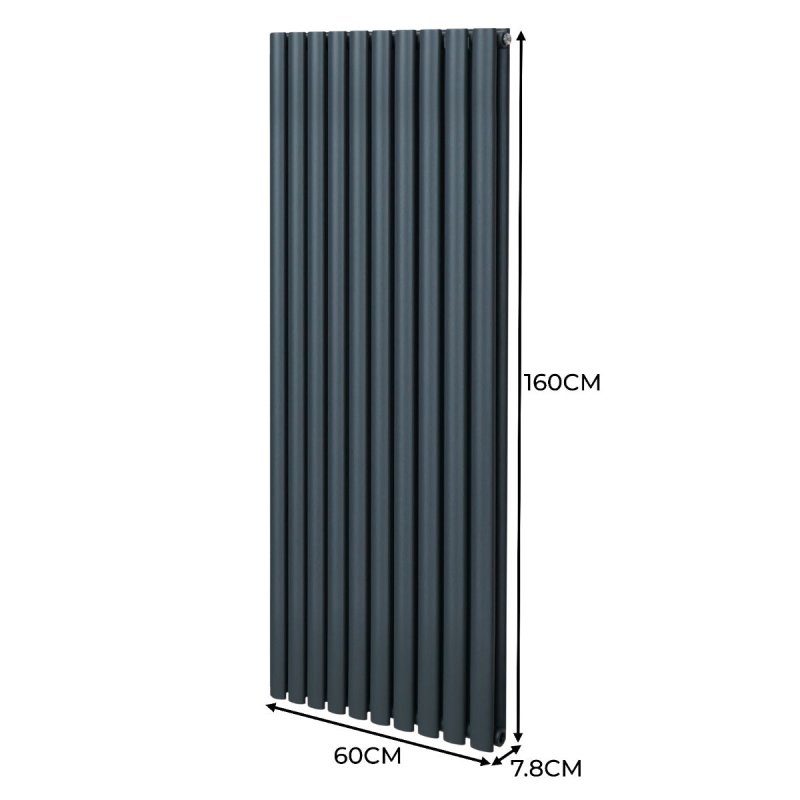 Oval Column Radiator 1600mm x 600mm & TRV Chrome Valves Modern Designer Double Panel Central Heating Heater Anthracite Grey Steel Vertical Kitchen Living Room FREE Cleaning Brush Fixing Kit & Brackets