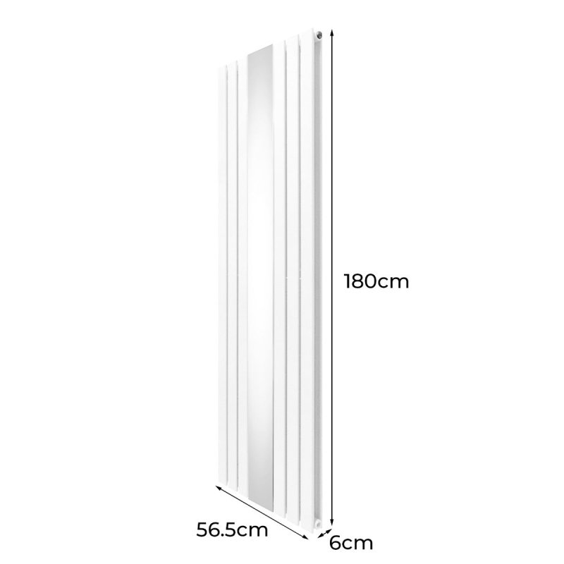 Flat Panel Radiator With Mirror 1800mm x 565mm Modern Designer Double Column Vertical Heater Matt White Carbon Steel Wall Mounted Kitchen Living Room Cleaning Brush Fixing Kit & Brackets