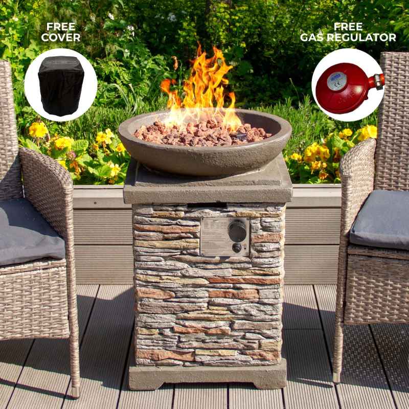 Gas Fire Pit Stone Home Outdoor Garden Patio Heater Burner Adjustable Flame Magnesium Oxide Furniture Smokeless Square Bowl Integrated Ignition Propane Lava Rocks Gas Regulator Hose Waterproof Cover