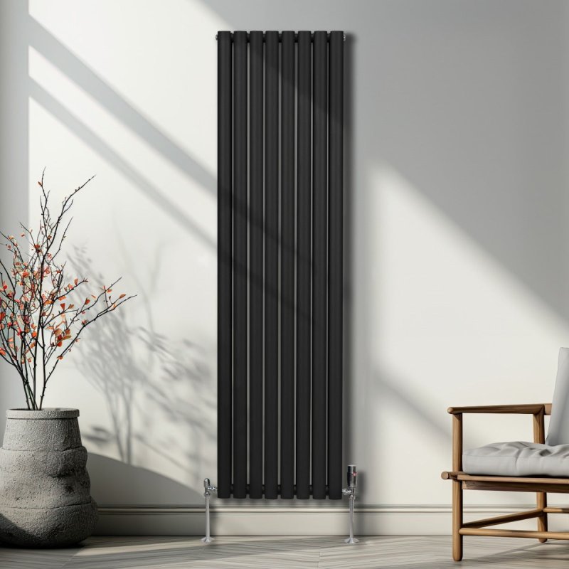 Oval Column Radiator 1800mm x 480mm & TRV Chrome Valves Modern Designer Double Panel Central Heating Heater Black Steel Vertical Kitchen Living Room FREE Cleaning Brush Fixing Kit & Brackets