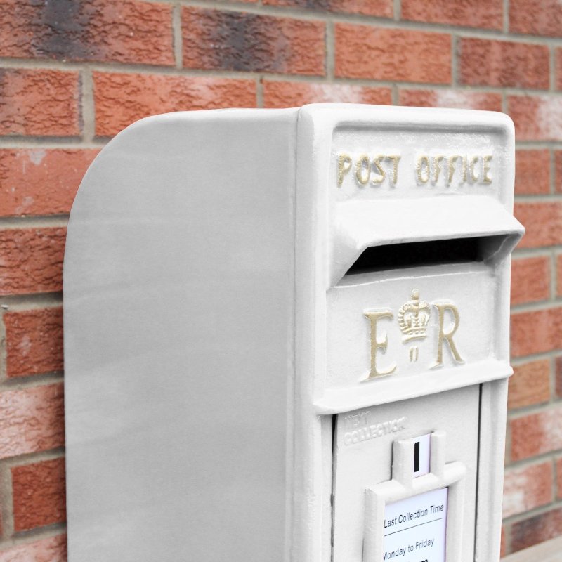 Royal Mail Post Box ER Cast Iron Wall Mounted Wedding Authentic Pillar Replica Lockable Post Office Letter Box White