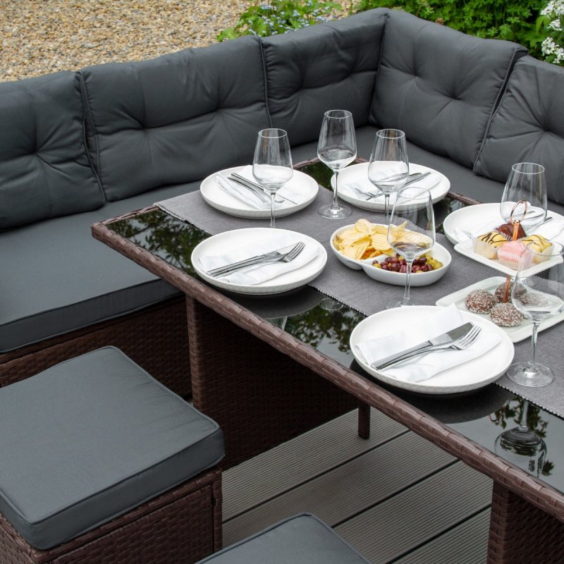 Rattan Corner Dining Set & Garden Storage Box Brown 9-Seater L Sofa Stools Glass Table Large Cushion Furniture Chest 582L Outdoor Patio Steel Frame UV Resistant FREE Waterproof Carry Bag & Rain Cover