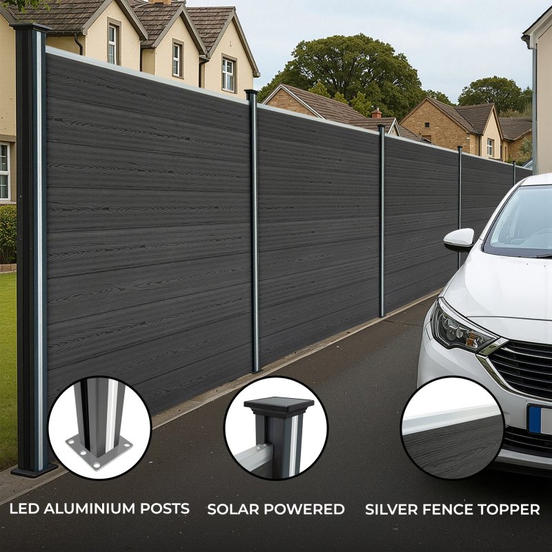 Composite Fence Panels, Angled Piece & LED Posts 6ft x 37ft - Grey
