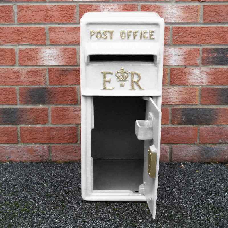 Royal Mail Post Box with Floor Stand ER Cast Iron Wall Mounted Wedding Authentic Pillar Replica Lockable Post Office Letter Box White