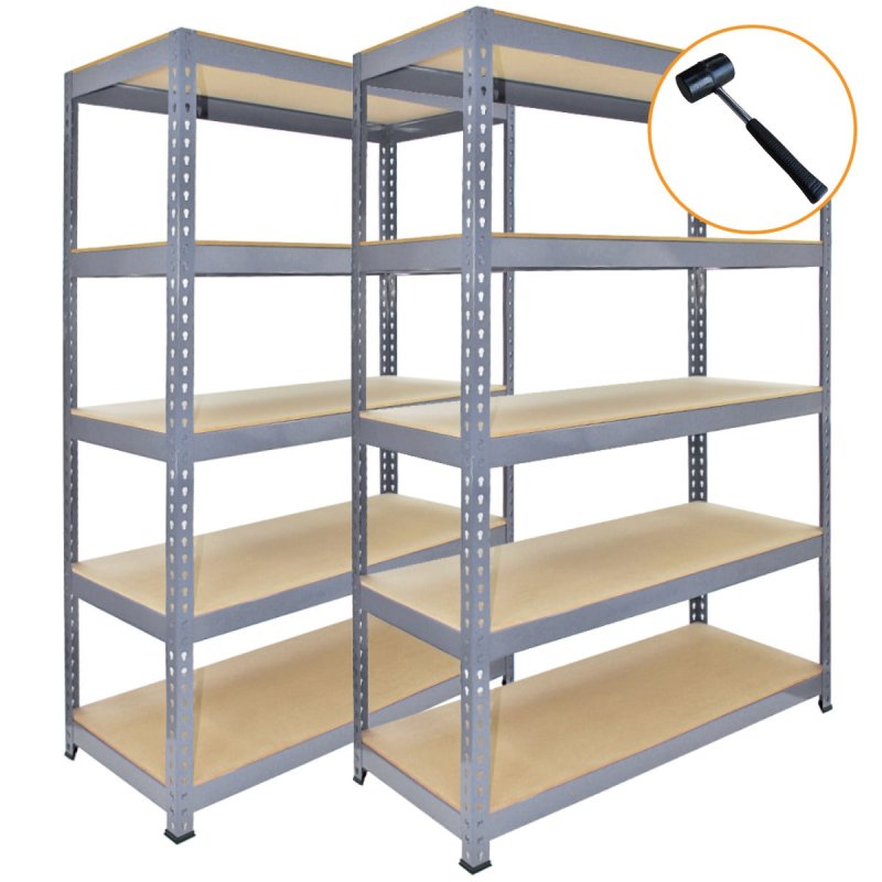 3 x Grey Racking Bay Unit 5 Tier Heavy Duty Steel Metal 200kg capacity Per Shelf Garage Shelves Storage Warehouse Shed Workshop Boltless Shelving 120 x 50 x 180cm Free Rubber Mallet