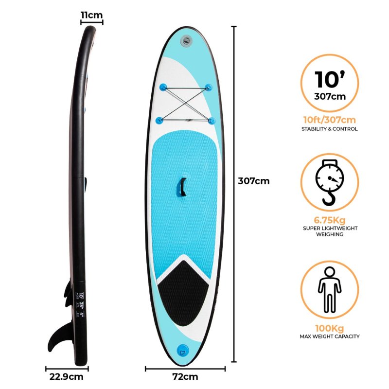 Inflatable Paddle Board Stand Up 10ft SUP Lightweight 6.75kg Water Sports Surfboard Non-Slip Deck Carry Bag Hand Pump Adjustable Paddle Elasticated Ankle Leash 3 Fins Waterproof Phone Case Repair Kit