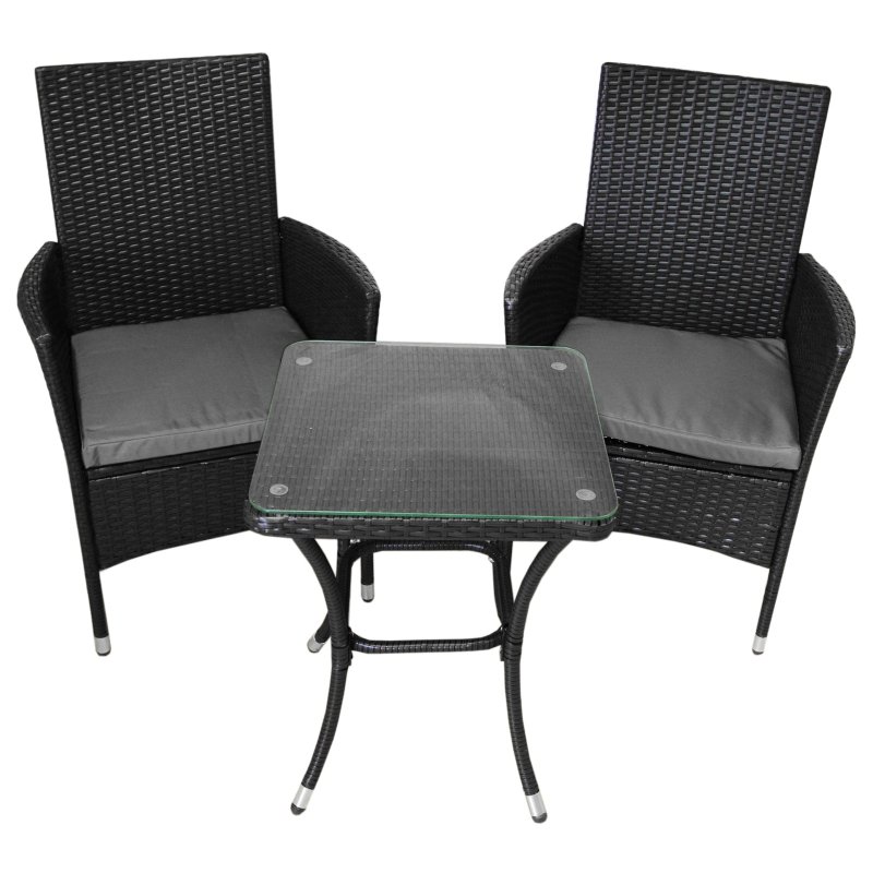 Black Rattan Bistro Set Garden Furniture 3 PCs Patio Weave Companion Outdoor Chairs Table Glass Top Set Conservatory Balcony 2 Seater Grey Cushions Washable Covers UV Protection | FREE Rain Cover