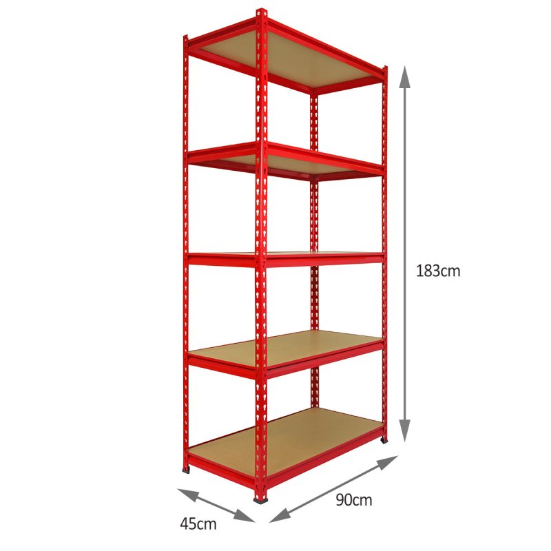 1 x Corner Garage Racking Unit & 4 x Single Racking Storage Units / 5 Z-Rax Red Steel & MDF Shelves / 8525kg capacity / 265kg per shelf / Free Rubber Mallet