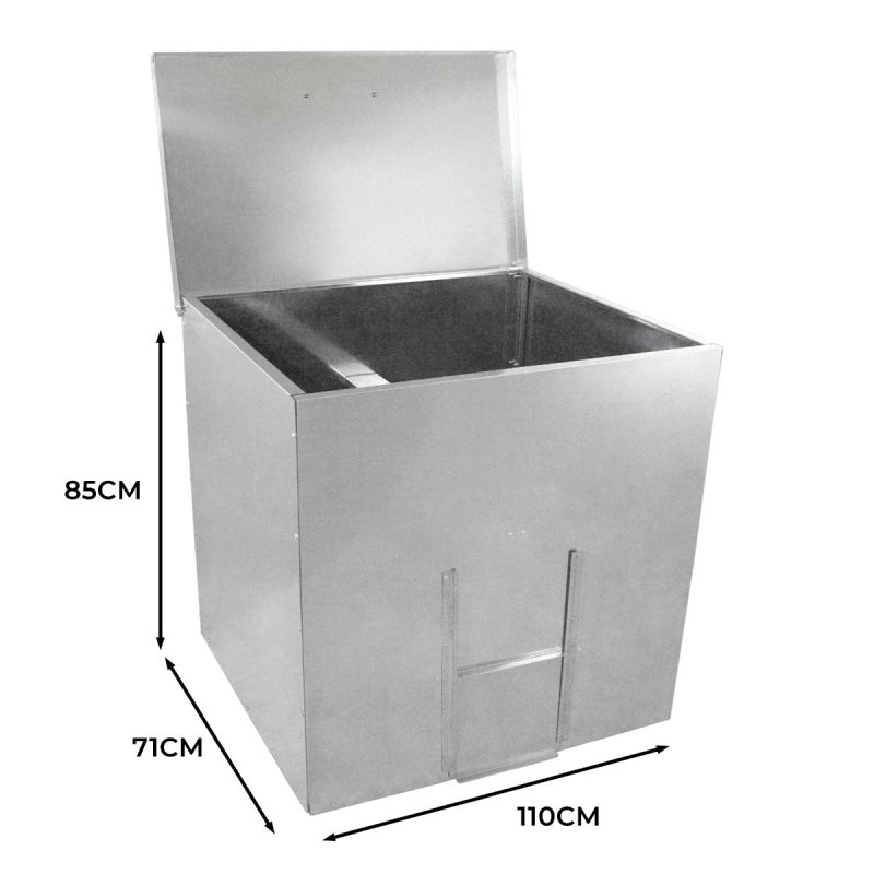 Coal Storage Bunker 500kg 772L Galvanised Steel Raised Metal Base Strengthening Bar Baffle Plate Waterproof Rust & Rodent Proof Wood Fire Sliding Door Hinged Lid Handle FREE Coal Shovel