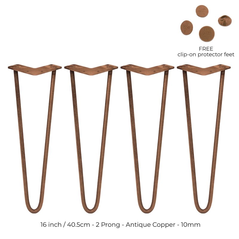 4Pcs Hairpin Table Legs DIY Furniture Industrial Style Desk Heavy-duty Sturdy Weld Steel Metal With FREE Protector Feet And Screw Pack Antique Copper 2 Prong Rods 16 Inch Height 10mm Thickness