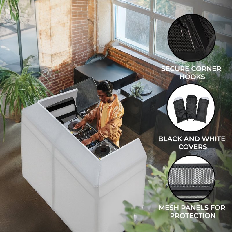 DJ Disco Booth Deck Stand Professional Mixer Equipment Shelf Table Foldable Lightweight Mobile Portable Screen Metal Frame Mesh Panels Cable Hole Black & White Covers With Secure Hooks Carry Bag