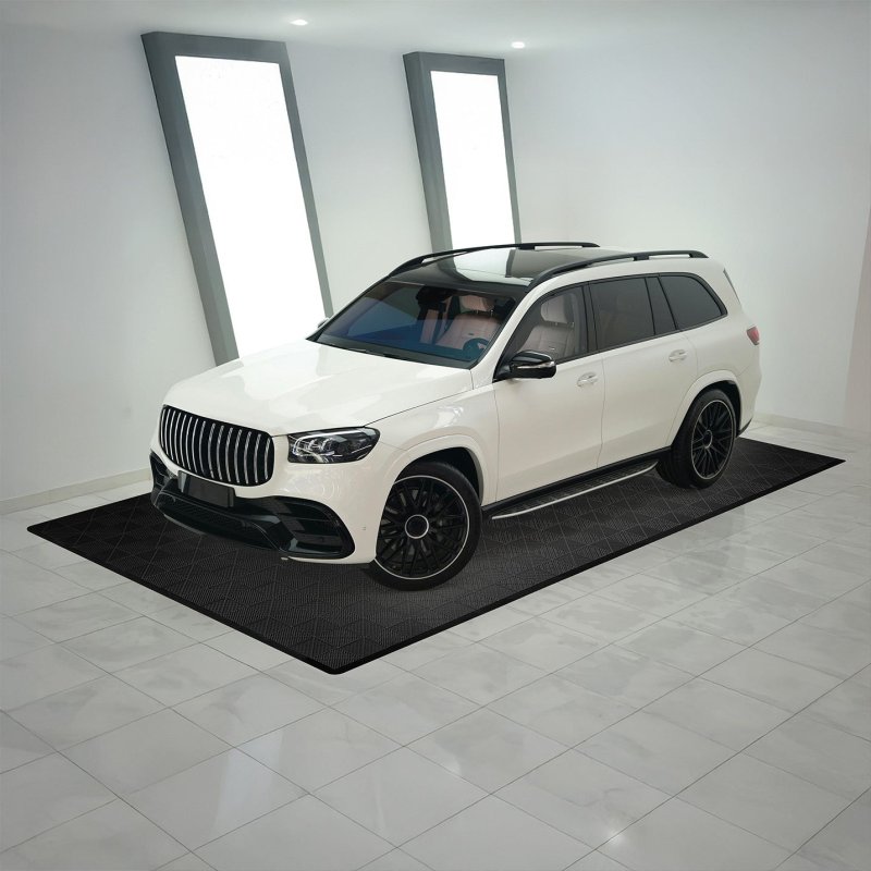 Vented Modular Interlocking Flooring Tiles & Edges 225 x Black Double Garage Heavy Duty Floor Mat Showroom Workshop Outdoor Polypropylene Anti Slip Weather Resistant Drainage Channels 6m x 6m 36m2