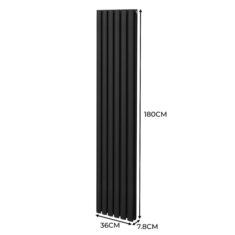 Oval Column Radiator 1800mm x 360mm & TRV Chrome Valves Modern Designer Double Panel Central Heating Heater Black Steel Vertical Kitchen Living Room FREE Cleaning Brush Fixing Kit & Brackets