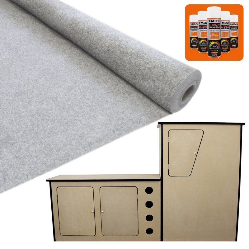 T-Mech 11m2 Van Lining Carpet Super Stretch Kit Silver Grey | With Camper Motor Home Kitchen Unit | FREE 5 Heavy Duty Adhesive Glue Spray Cans