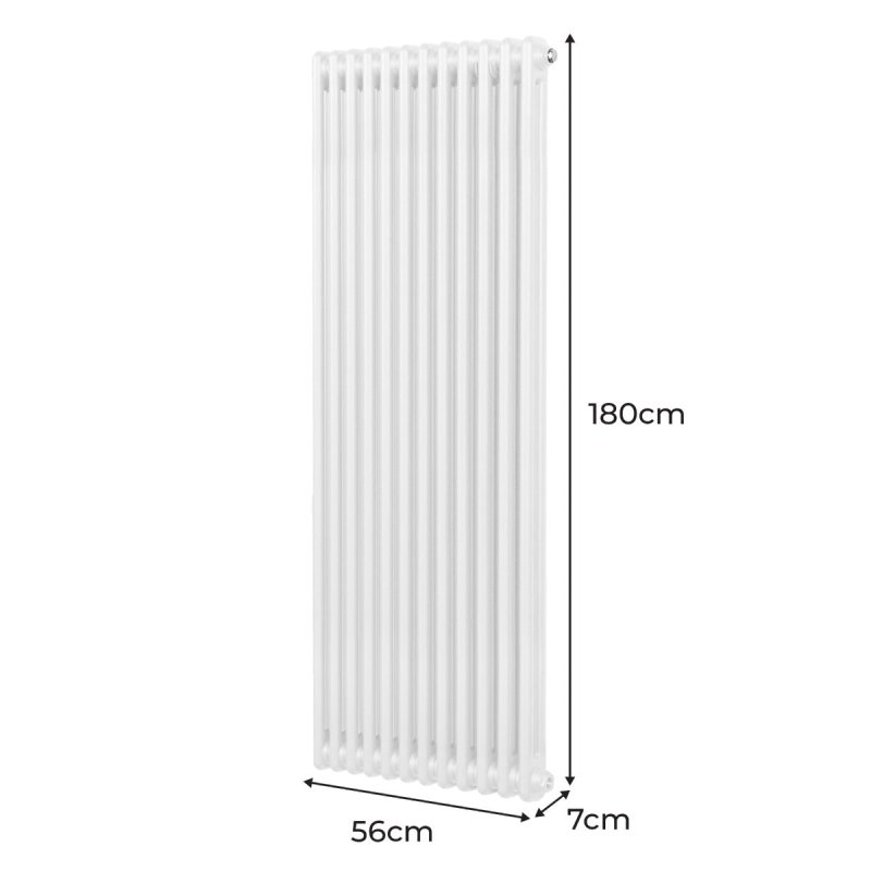 Traditional 2 Column Radiator 1800mm x 562mm Modern Central Heating Heater Gloss White Carbon Steel Vertical Wall Mounted Kitchen Living Room Bathroom Cleaning Brush Fixing Kit & Brackets