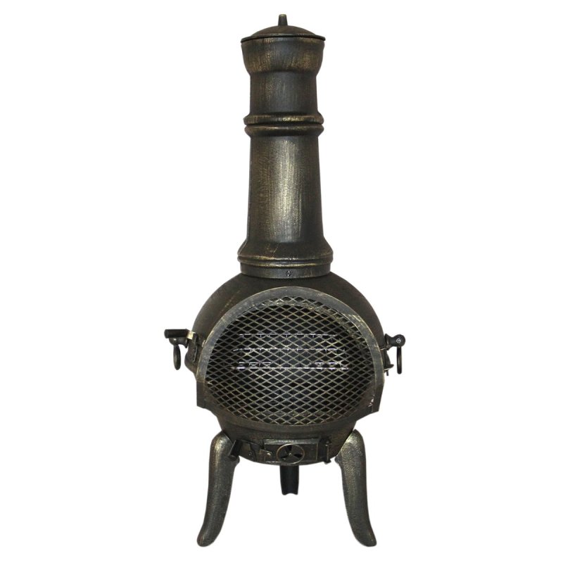 Chiminea Outdoor Patio Heater Garden Log Fire Pit Burner Wood Cast Iron Chimney Chimenea BBQ Frost Proof Spark Guard Rain Cover Poker Barbeque Toasting Rack | Bronze Effect | 110cm Tall