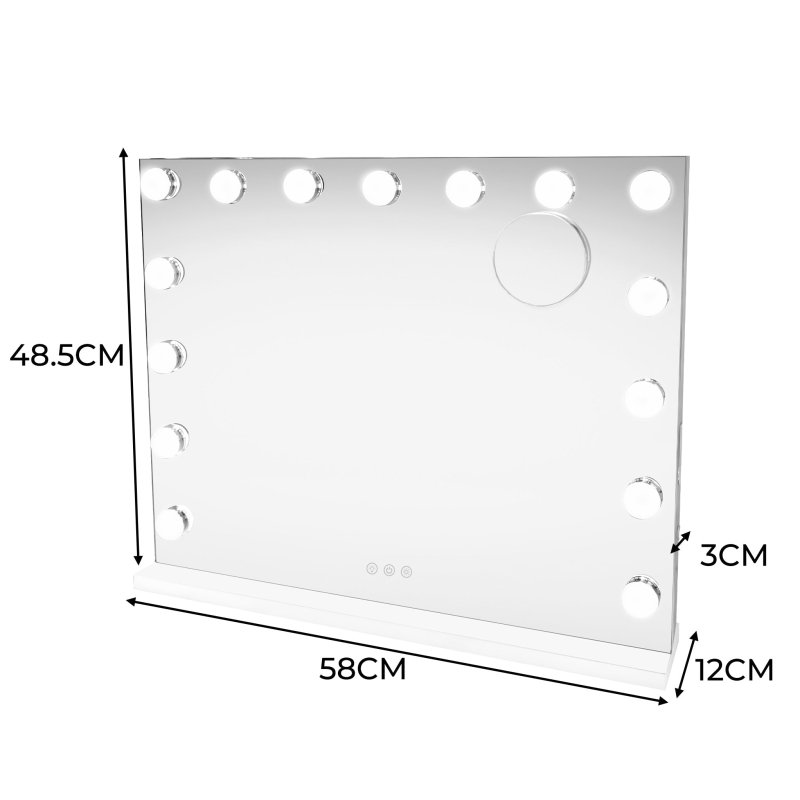 Light Up Hollywood Mirror 15 LED Vanity Makeup Table Wall Touch Screen Dimmable 3 Colour Modes Bluetooth Speaker 2 Charging Ports USB-A & USB-C Microfibre Cleaning Cloth 10 x Magnification Mirror