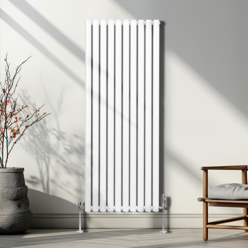 Oval Column Radiator 1600mm x 600mm & TRV Chrome Valves Modern Designer Double Panel Central Heating Heater White Steel Vertical Kitchen Living Room FREE Cleaning Brush Fixing Kit & Brackets
