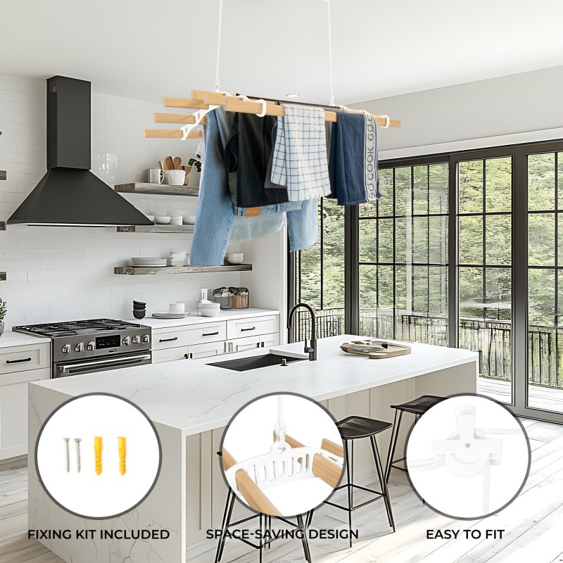 Clothes Airer Ceiling Pulley 6 Lath 0.9m White Maid Traditional Mounted Clothing Dryer Victorian Clothes Horse Laundry Drying Rack Extendable Cast Iron Varnished Pine Kitchen Utility FREE Fixing Kit