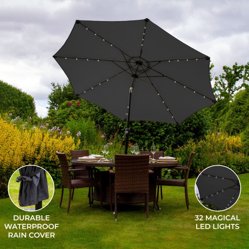 Grey 2.4m LED Tilt Parasol Umbrella Garden Sun Shade Canopy Patio Outdoor 360 Rotation UV Protection Winding Crank Adjustable 32 Solar Power Lights Cool White 8 Ribs 5.5kg FREE Waterproof Rain Cover