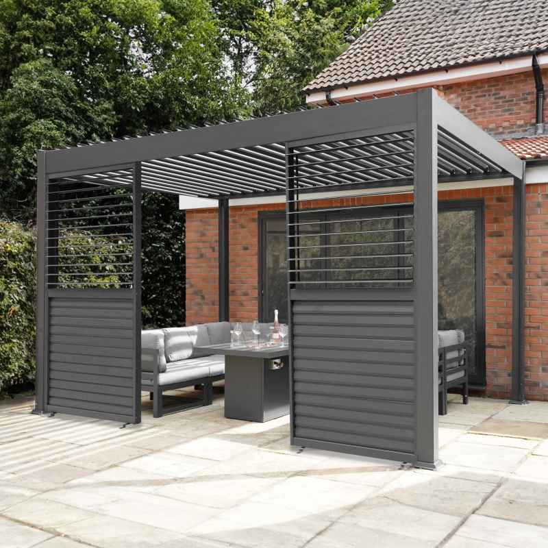 Anthracite Aluminium Pergola With LED Lights & 2 x Shutter Panels - 3m x 3m