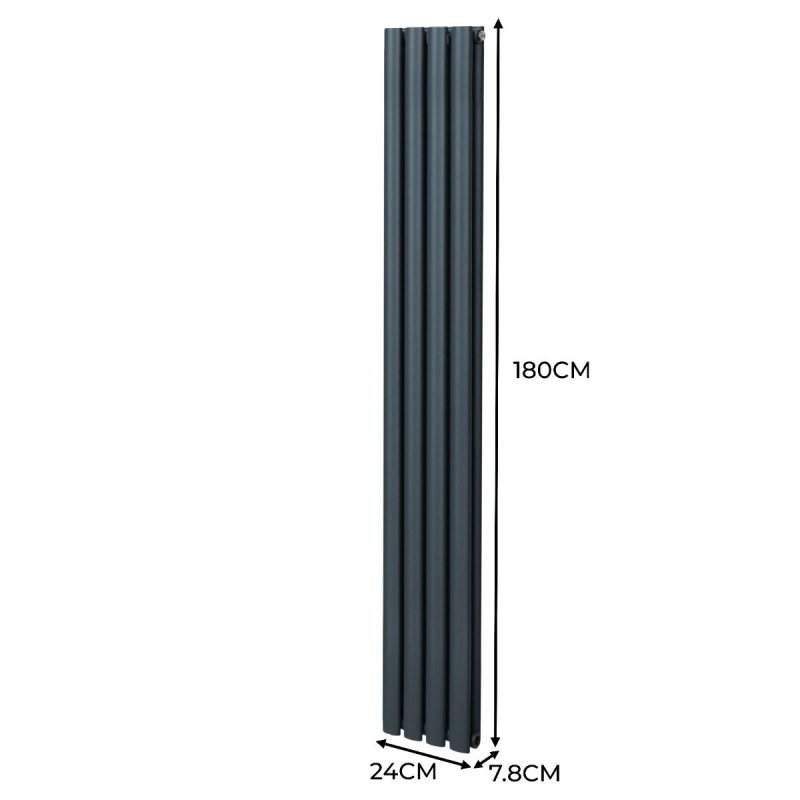 Oval Column Radiator 1800mm x 240mm Modern Designer Double Panel Central Heating Heater Matt Anthracite Grey Carbon Steel Vertical Kitchen Living Room FREE Cleaning Brush Fixing Kit & Brackets