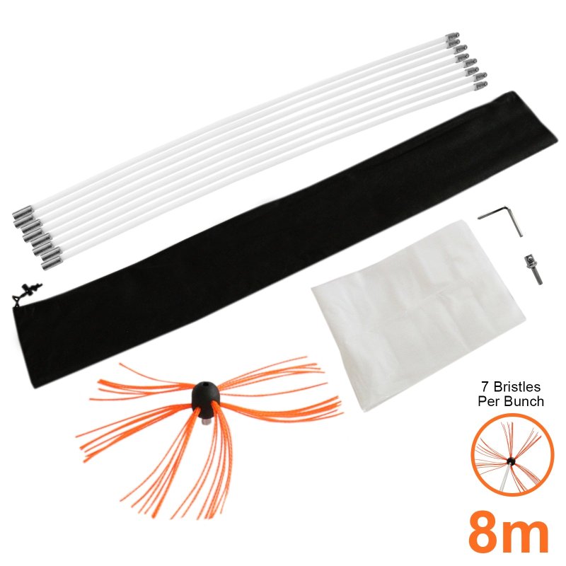 Chimney Cleaner Kit, Drill Powered Sweeping Brush, Rotary Cleaner Brush, 8m, Fireplace, Wood Burner, Flue, Reinforced Nylon Flexible Rods, FREE Dust Sheet, FREE Storage Bag, Includes Drill Adapter & Allen Key