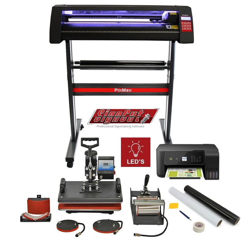 Vinyl Cutter LED Lights, 5 in 1 Heat Press Machine, Printer, Weeding Kit, Signcut Pro Software Printing Transfer Sublimation Starter Customise Complete Bundle