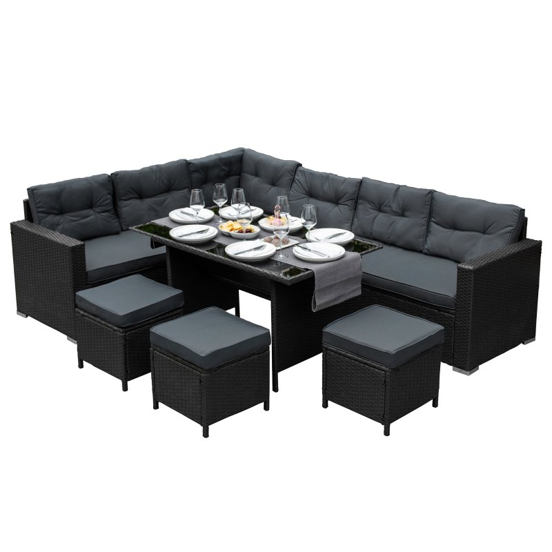 Rattan Corner Dining Set Outdoor Garden Furniture Black 9-Seater L Shape Sofa Stools Tempered Glass Table UV Protected Waterproof Grey Seat Back Cushions Patio Conservatory Lounge FREE Rain Cover