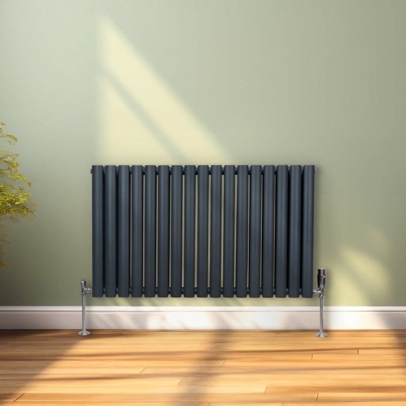 Oval Column Radiator 600mm x 1020mm & TRV Chrome Valves Designer Double Panel Central Heating Heater Anthracite Grey Steel Horizontal Kitchen Living Room FREE Cleaning Brush Fixing Kit & Brackets