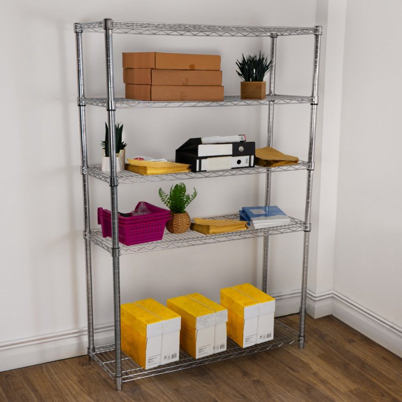 Wire Shelving Rack 5 Tier Metal Storage Unit Heavy Duty Free Standing Boltless Height Adjustable Shelves & Levelling Feet Kitchen Office Garage Silver Chrome 1000kg Weight Capacity