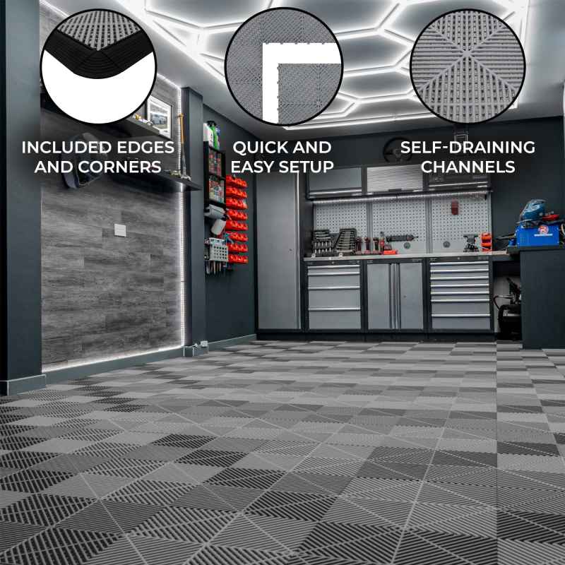 Vented Modular Interlocking Flooring Tiles & Edges 120 x Grey Single Garage Heavy Duty Floor Mat Showroom Workshop Outdoor Polypropylene Anti Slip Weather Resistant Drainage Channels 3.2m x 6m 19.2m2
