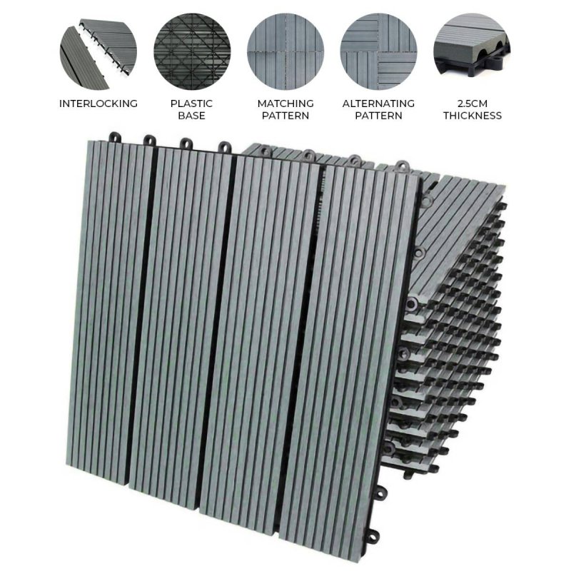 99 x WPC Decking Tiles Grey Terrace Decking Wood Plastic Composite DIY Interlocking Flooring Balcony Roof Terrace Hot Tub Outdoor Deck Tiles Click & Go Easy Clean Weather Resistant 30 x 30 cm (9 m2)
