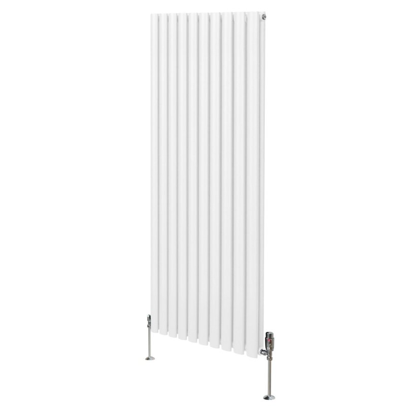 Oval Column Radiator 1600mm x 600mm & TRV Chrome Valves Modern Designer Double Panel Central Heating Heater White Steel Vertical Kitchen Living Room FREE Cleaning Brush Fixing Kit & Brackets