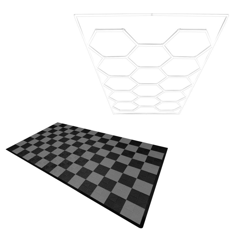 Vented Modular Interlocking Flooring Tiles 60 Black & 60 Grey With Edges & Hexagon LED Lighting 14 White Lights & Border 6500K 3 Mount Options & Suspended Ceiling Kit Single Garage Floor Mat 3.2m x 6m