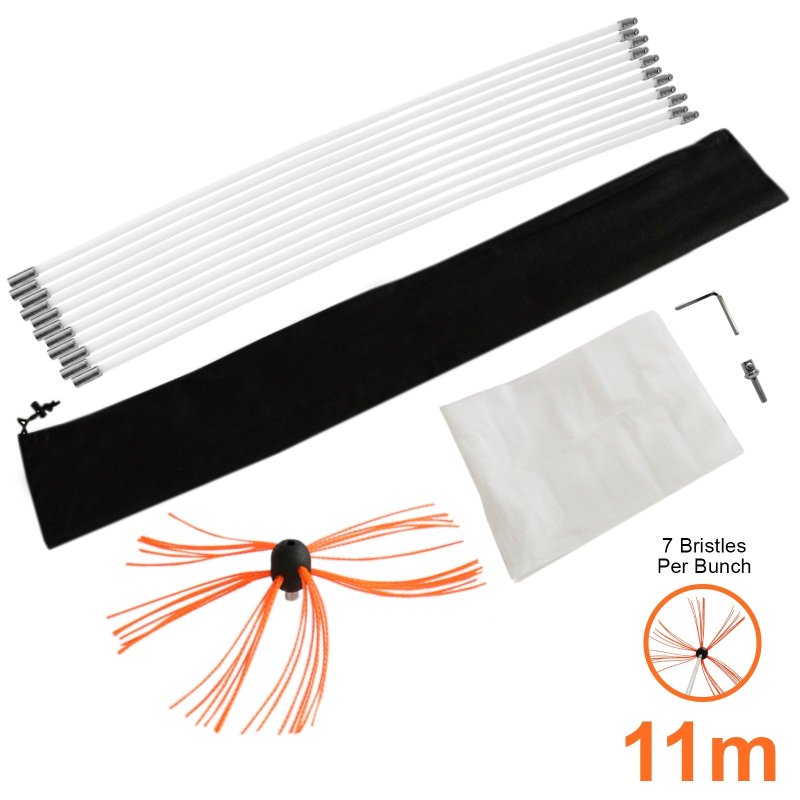 Chimney Sweeper Drill Powered Cleaning Kit Rotary Cleaner Brush Sweeping-brush 11m Fireplace Flue Wood Burner Reinforced Nylon Flexible Rods FREE Dust Sheet FREE Storage Bag Includes Drill Adapter & Allen Key MAXBLAST