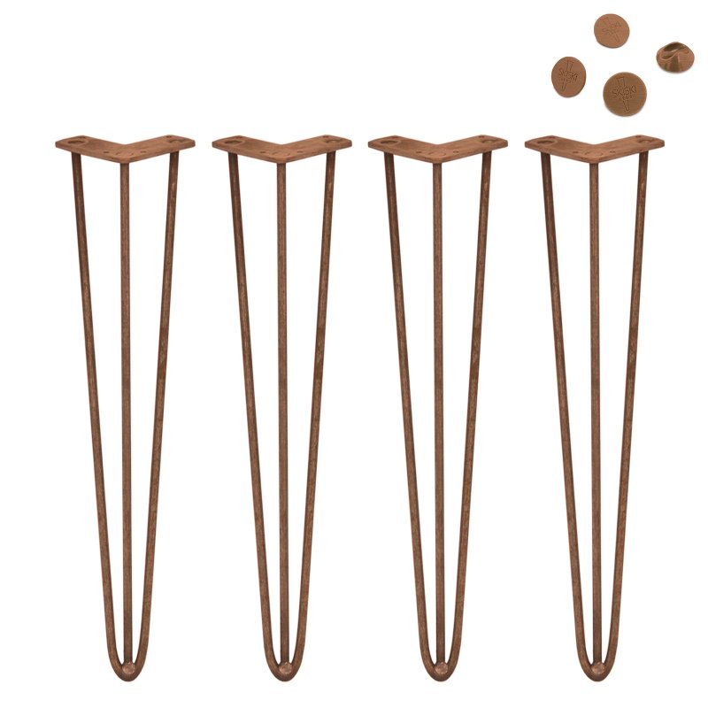 4Pcs Hairpin Table Legs DIY Furniture Industrial Upcycle Style Heavy-duty Sturdy Welded Metal Steel With FREE Screw Pack And Protector Feet Antique Copper 3 Prong Rods 28 Inch Height 10mm Thickness