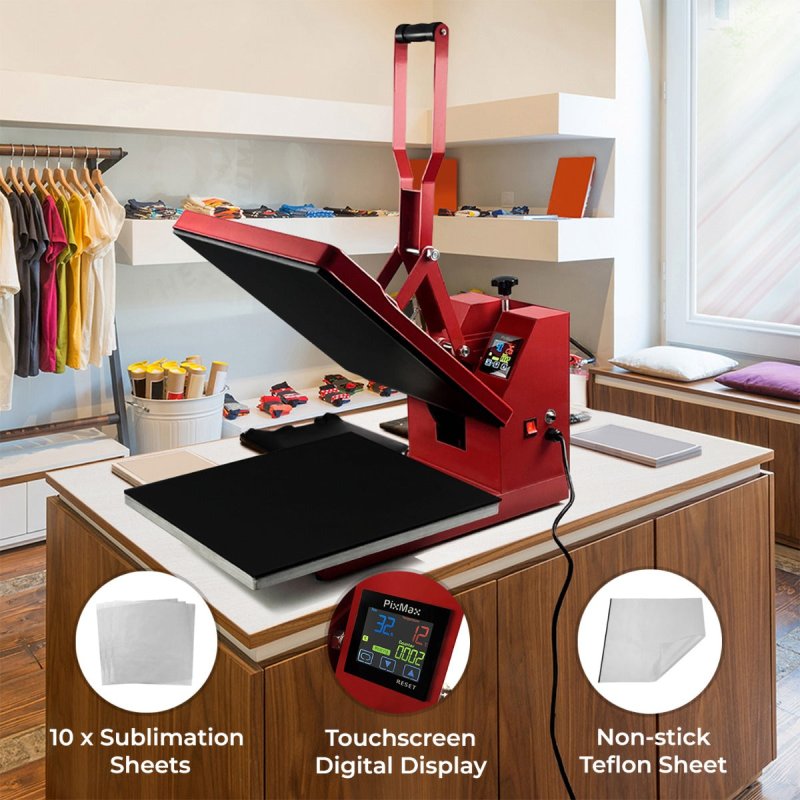 Heat Press Digital Transfer Machine Sublimation Printer 50 x 50cm Flat Clam Teflon Sheet Touchscreen Display Adjustable Pressure Ink Vinyl 250 DIY Professional T-shirt Business 10 Sublimation Sheets