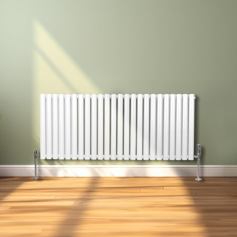 Oval Column Radiator 600mm x 1440mm Modern Designer Double Panel Central Heating Heater Gloss White Carbon Steel Horizontal Kitchen Living Room Bathroom FREE Cleaning Brush Fixing Kit & Brackets