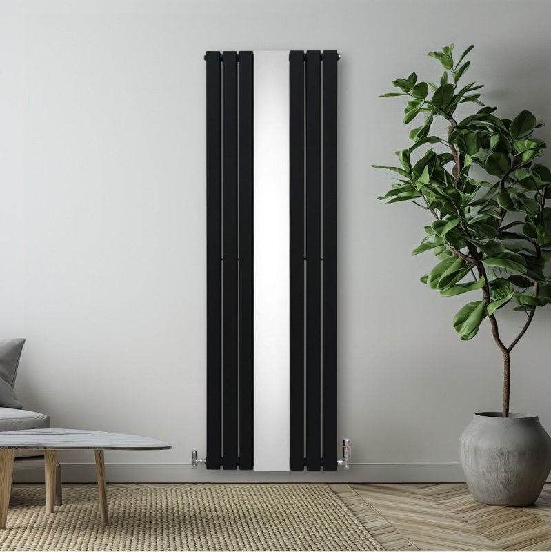 Flat Panel Radiator With Mirror 1800mm x 565mm Modern Designer Double Column Vertical Heater Matt Black Carbon Steel Wall Mounted Kitchen Living Room Cleaning Brush Fixing Kit & Brackets