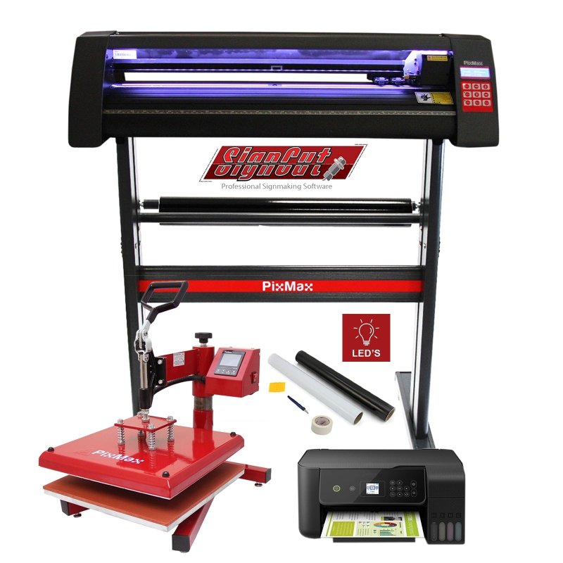 Vinyl Cutter LED Lights, Swing Heat Press Machine 38cm, Printer, Weeding Kit Sublimation Printing Transfer Start Up Customise Personalise Complete Bundle