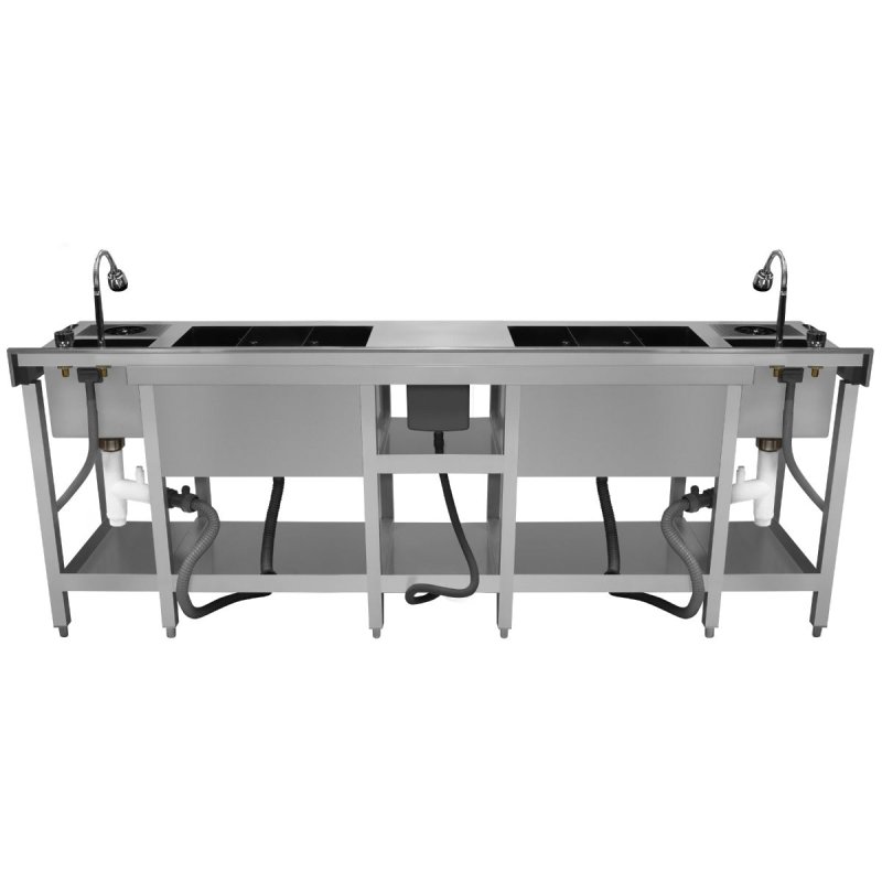 Twin Cocktail Bar Station Free-Standing Stainless Steel Insulated Ice Well Sink 360 Mixer Tap Glass Refresher Drip Tray Blender Shelf Speed Rail Shelves Gastro Pots Knife Holder FREE Boston Shaker