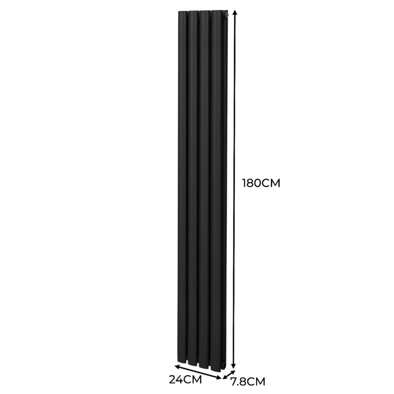Oval Column Radiator 1800mm x 240mm & TRV Chrome Valves Modern Designer Double Panel Central Heating Heater Black Steel Vertical Kitchen Living Room FREE Cleaning Brush Fixing Kit & Brackets