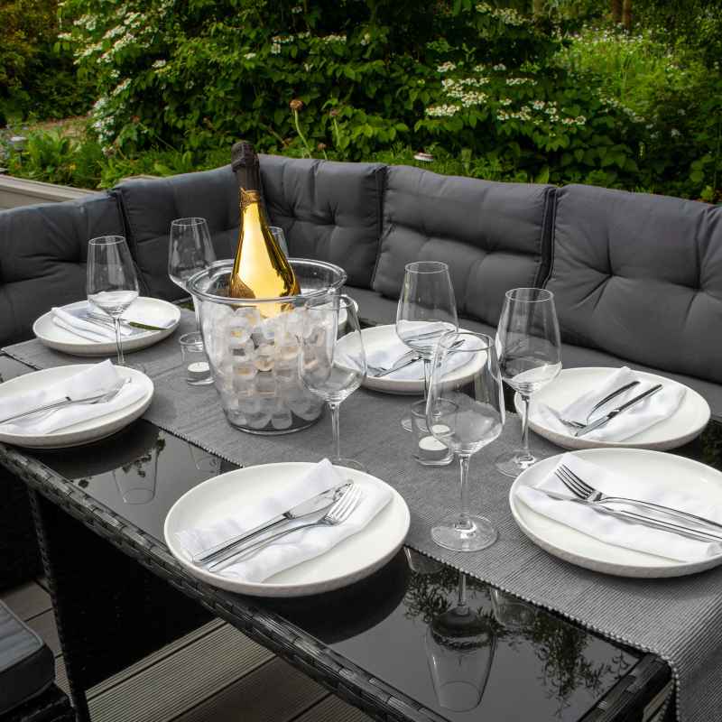 Rattan Corner Dining Set Outdoor Garden Furniture Black 9-Seater L Shape Sofa Stools Tempered Glass Table UV Protected Waterproof Grey Seat Back Cushions Patio Conservatory Lounge FREE Rain Cover
