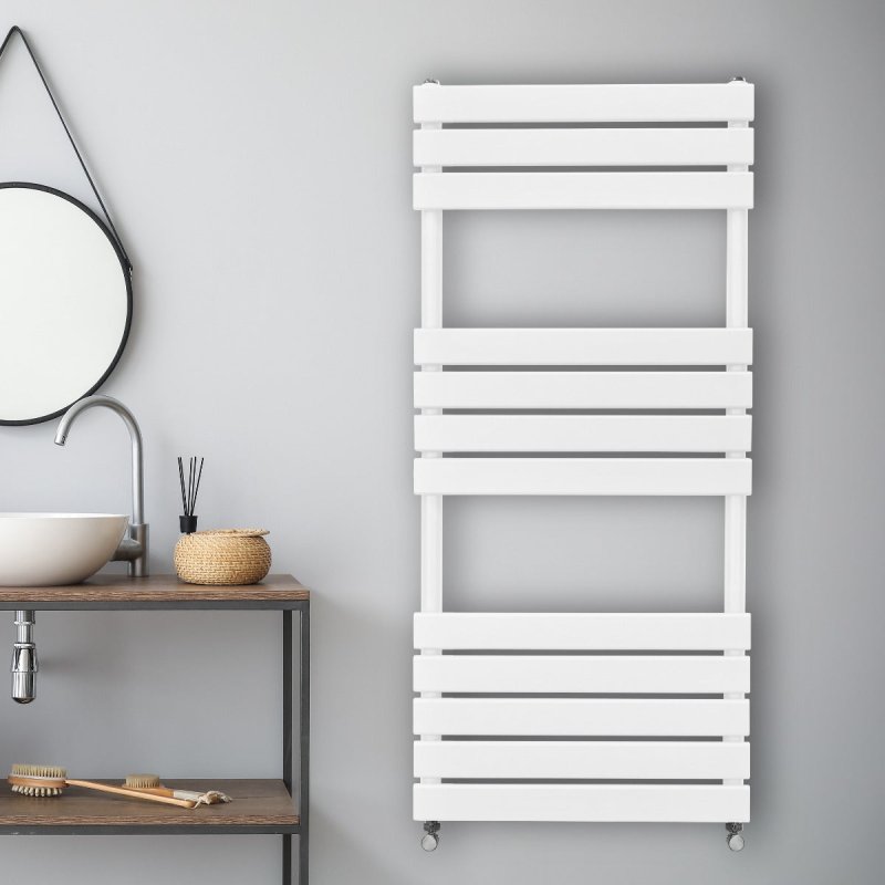 Vertical Towel Radiator Designer Flat Panel 1200mm x 500mm Bathroom Heated Rail Gloss White Central Heating Ladder Heater Wall Mounted Carbon Steel FREE Cleaning Brush Fixing Kit & Brackets