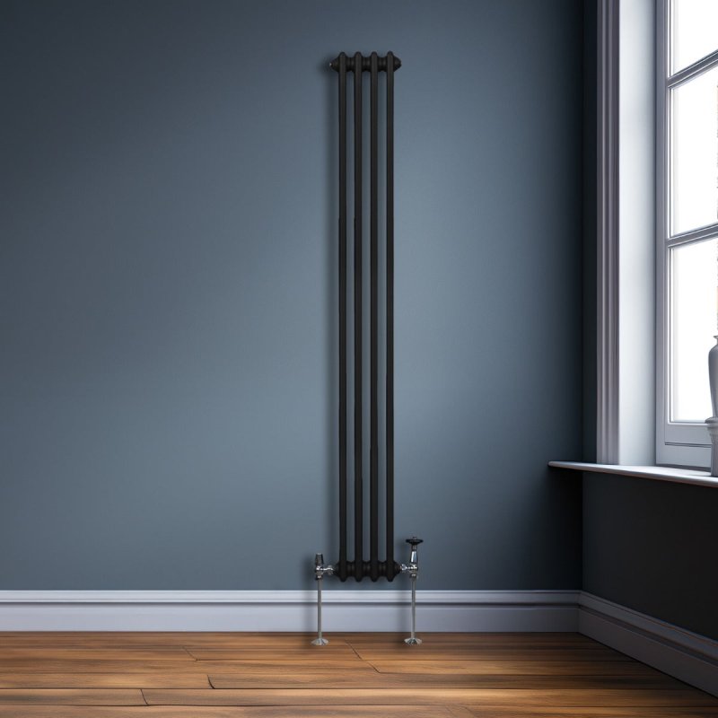 Traditional 2 Column Radiator 1800mm x 202mm Modern Central Heating Heater Matt Black Carbon Steel Vertical Wall Mounted Kitchen Living Room Bathroom Cleaning Brush Fixing Kit & Brackets