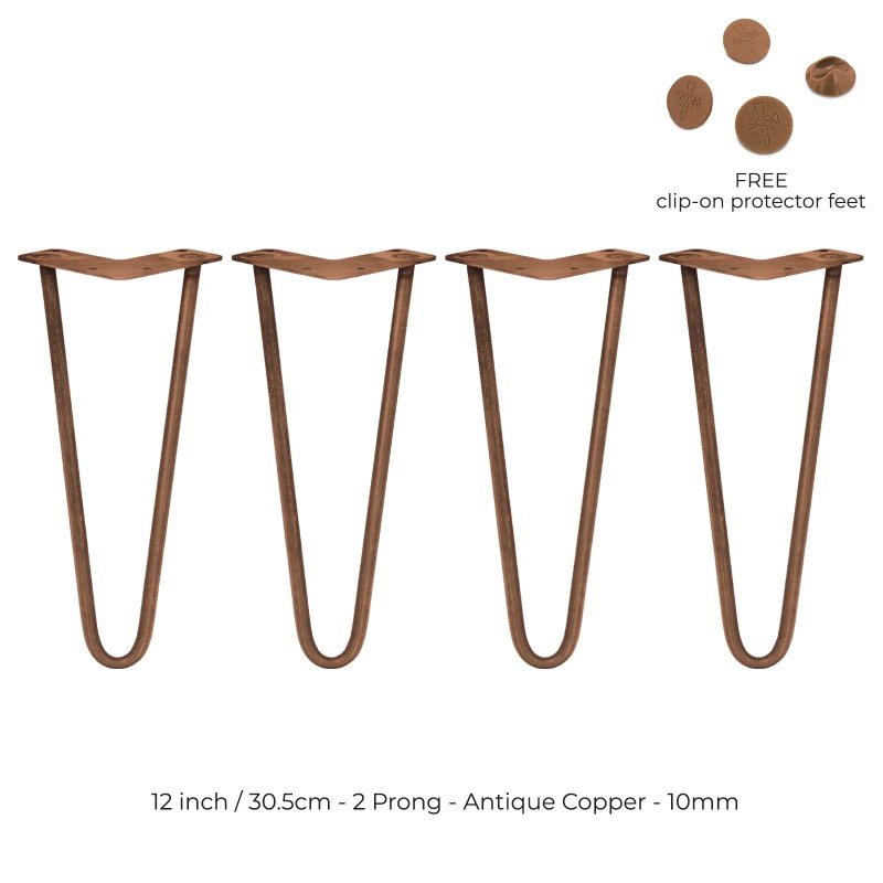 4Pcs Hairpin Table Legs Heavy-duty DIY Furniture Metal Steel Sturdy Industrial With FREE Screw Pack And FREE Protector Feet Antique Copper 2 Prong Rods 12 Inch Height 10mm Thickness