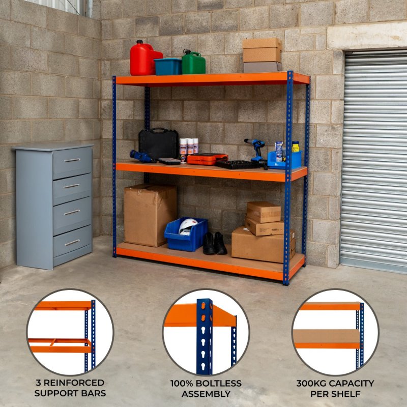Garage Racking S-Rax Shelving Unit 3 Shelf 180cm x 180cm x 60cm Rack Heavy Duty Steel 300kg Capacity Per Shelf Adjustable Layout Boltless Assembly Rubber Feet 3 Reinforced Support Bars Warehouse