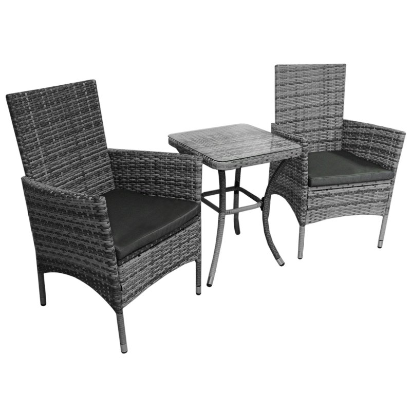 Garden Outdoor Rattan Bistro Set Furniture 3 PCs Patio Weave Companion Chair Table Set Conservatory Balcony 2 Seater Grey FREE Rain Cover